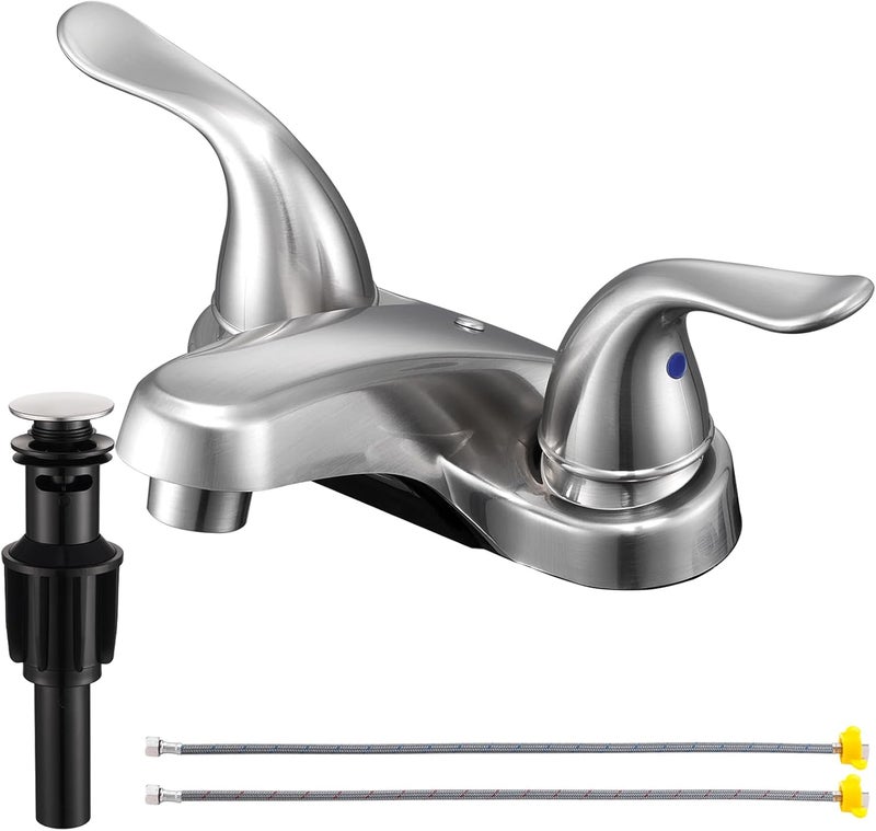 KPWATER Bathroom Sink Faucets 2/3 Hole,Brushed Nickel Dual Handles 4 inch Plastic Plating Over Bathroom Faucet with Pop-up Drain and 2 Supply Hoses for Apartment Rvs Sink Vanity - Image 1